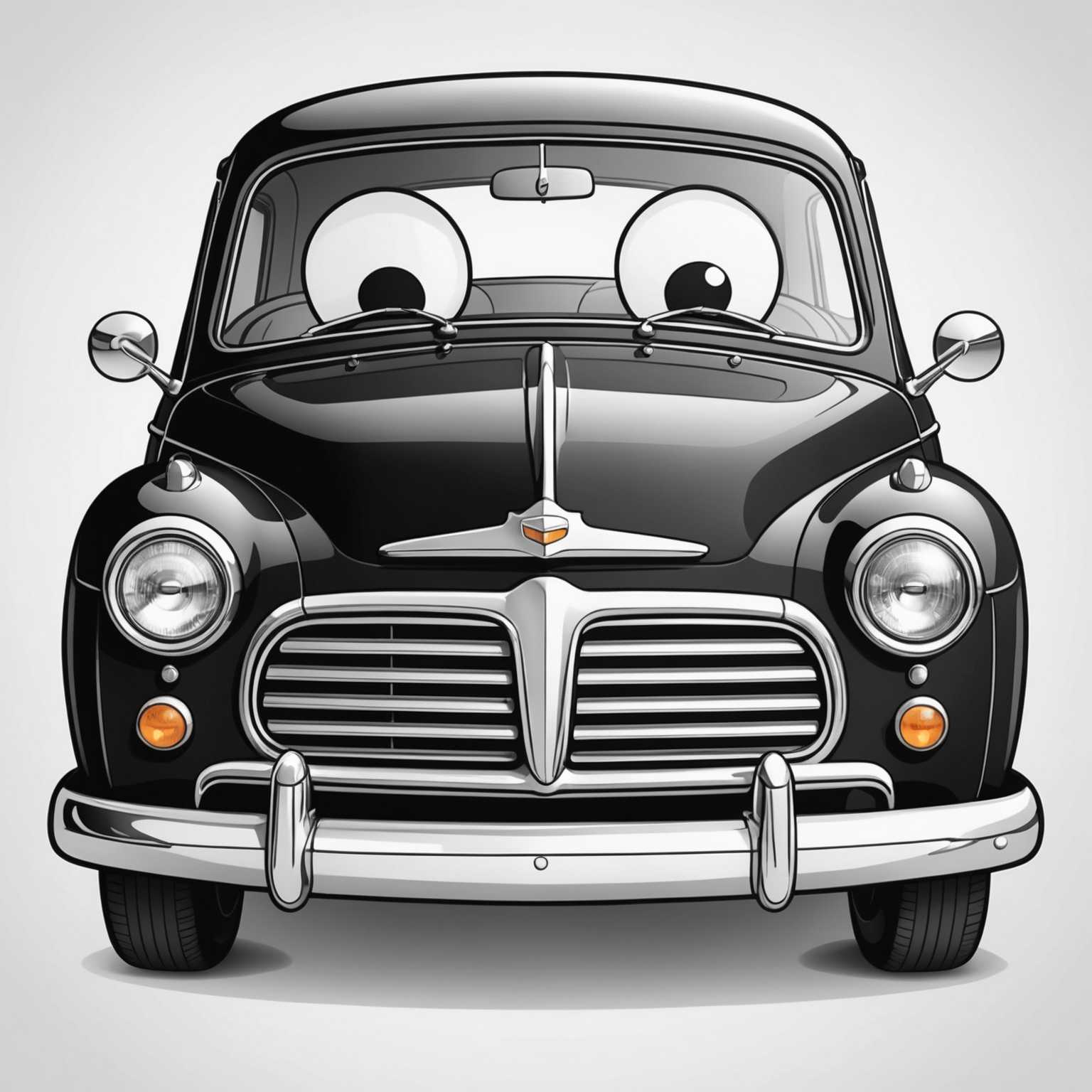 Eine schwarz-weiße Malbuch-Seiten-Illustration eines süßen Cartoon-Autos. Das Auto hat große, ausdrucksstarke Augen auf der Windschutzscheibe, ein lächelndes Frontgitter und abgerundete, freundliche Formen. Es ist detailliert mit Umrissen seines Innenraums, einschließlich Sitzgelegenheiten und einem einfachen Armaturenbrett. Das Design ist verspielt und einladend, geeignet für Kinder.