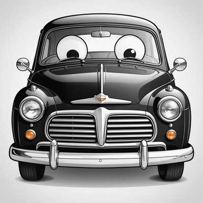 Eine schwarz-weiße Malbuch-Seiten-Illustration eines süßen Cartoon-Autos. Das Auto hat große, ausdrucksstarke Augen auf der Windschutzscheibe, ein lächelndes Frontgitter und abgerundete, freundliche Formen. Es ist detailliert mit Umrissen seines Innenraums, einschließlich Sitzgelegenheiten und einem einfachen Armaturenbrett. Das Design ist verspielt und einladend, geeignet für Kinder.
