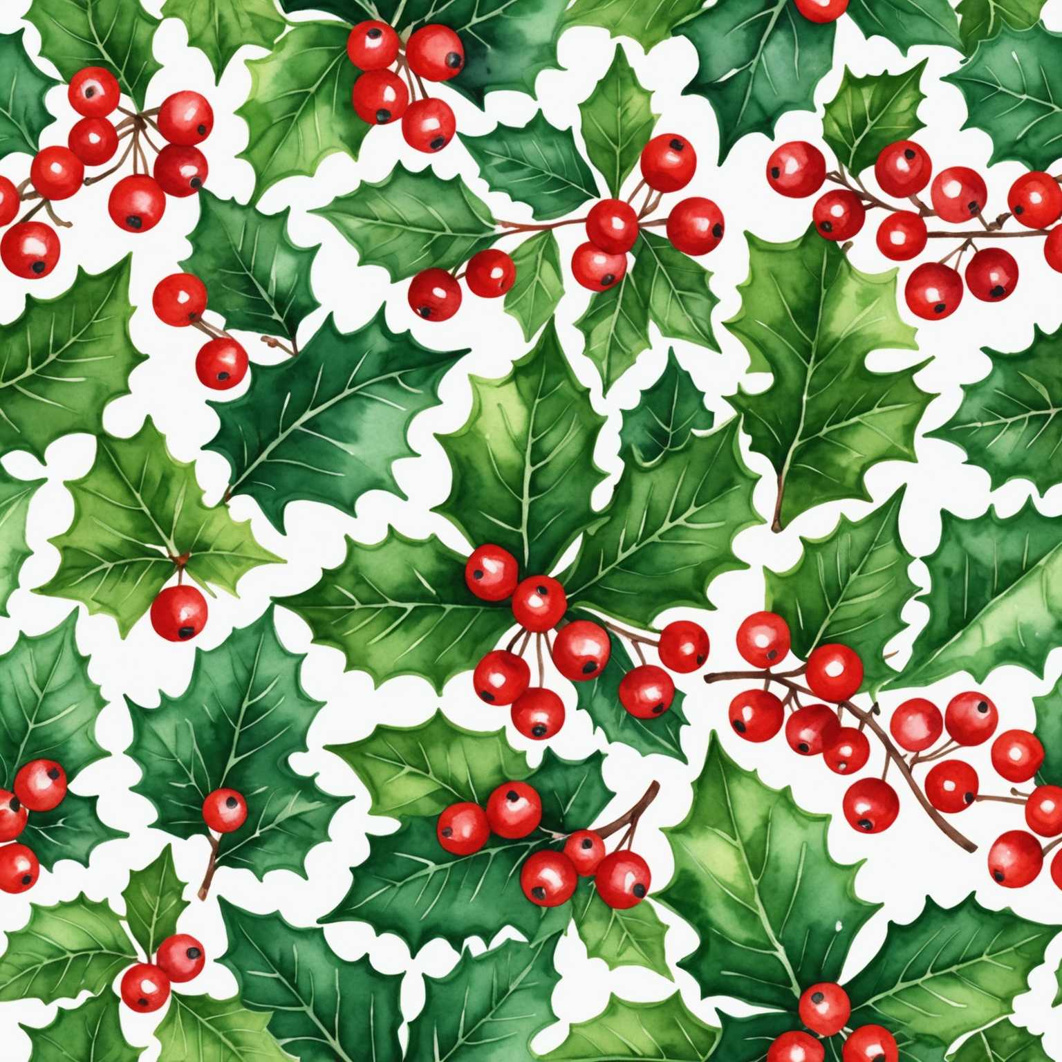 Das Bild zeigt ein nahtloses Muster mit verschiedenen weihnachtlichen Aquarell-Illustrationen. Das Muster umfasst festliche Elemente wie Stechpalmblätter und -beeren, Zuckerstangen, Christbaumschmuck, Sterne und Schneeflocken. Die Farben sind überwiegend Rot, Grün, Gold und Weiß und spiegeln die traditionelle Feiertagspalette wider. Die Elemente sind in einem sich wiederholenden Muster angeordnet und schaffen ein kohärentes und optisch ansprechendes Design, das sich für Weihnachts-Tapeten, Geschenkpapier oder festliche Illustrationen eignet.