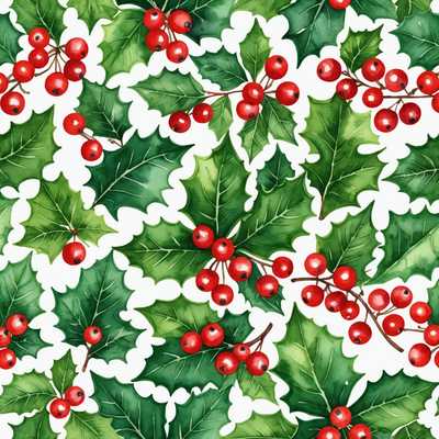 Das Bild zeigt ein nahtloses Muster mit verschiedenen weihnachtlichen Aquarell-Illustrationen. Das Muster umfasst festliche Elemente wie Stechpalmblätter und -beeren, Zuckerstangen, Christbaumschmuck, Sterne und Schneeflocken. Die Farben sind überwiegend Rot, Grün, Gold und Weiß und spiegeln die traditionelle Feiertagspalette wider. Die Elemente sind in einem sich wiederholenden Muster angeordnet und schaffen ein kohärentes und optisch ansprechendes Design, das sich für Weihnachts-Tapeten, Geschenkpapier oder festliche Illustrationen eignet.