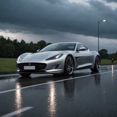 Ein schlanker, moderner Sportwagen steht auf einer nassen, glänzenden Straße, deren Oberfläche das Fahrzeug reflektiert. Die Karosserie des Autos ist ein auffälliges metallisches Silber und zeigt glatte, aerodynamische Kurven. Die Szene wird in der Dämmerung aufgenommen, mit einem dramatischen, wolkigen Himmel, der weiches, diffuses Licht wirft und eine filmische Stimmung hinzufügt. Straßenlaternen und vorbeifahrende Scheinwerfer erzeugen subtile Bokeh-Effekte im Hintergrund. Die Scheinwerfer des Autos sind eingeschaltet und beleuchten den direkt davor liegenden Gehweg und heben die Wassertropfen auf dem Boden hervor. Die gesamte Komposition strahlt Geschwindigkeit, Eleganz und Hochleistung aus.
