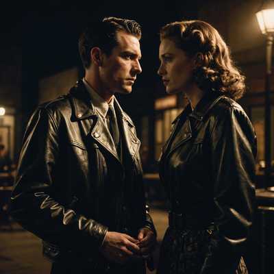 Ein Mann und eine Frau stehen unter schummriger, stimmungsvoller Beleuchtung, die dramatische Schatten wirft. Der Mann trägt eine Vintage-Lederjacke und hält eine Zigarette in der Hand, sein Ausdruck ist nachdenklich und intensiv. Die Frau ist in ein Kleid im Stil der 1940er Jahre gekleidet, ihr Haar ist in sanften Wellen gestylt, und sie blickt in die Ferne mit einer Mischung aus Sehnsucht und Entschlossenheit. Sie stehen vor einer alten Ziegelwand, die teilweise mit Efeu bewachsen ist, was der Szene eine raue Textur verleiht. Die Atmosphäre ist dicht mit Spannung und Geheimnis, was ein Gefühl von Nostalgie und Intrigen hervorruft.