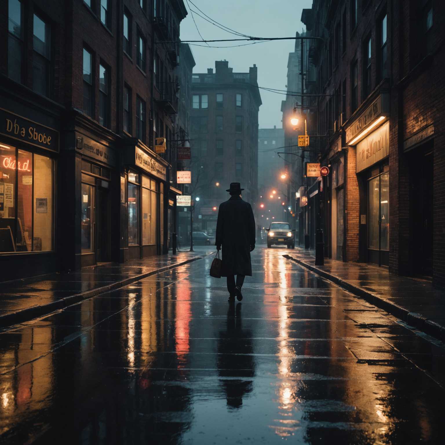 Das Bild zeigt eine melancholische urbane Straßenszene bei Dämmerung. Die Straße ist nass von einem kürzlichen Regen und reflektiert das gedämpfte Glühen der Straßenlaternen und Neonschilder. Eine einsame Gestalt, gekleidet in einen langen Mantel und Hut, geht den Bürgersteig entlang und wirft einen langen Schatten. Die Gebäude, die die Straße säumen, sind eine Mischung aus altem Backstein und modernem Glas, ihre Fassaden durch die neblige Atmosphäre weich gezeichnet. Die Gesamtstimmung ist filmisch, mit einem Gefühl von Einsamkeit und Geheimnis, verstärkt durch das schwache Licht und den bewölkten Himmel.