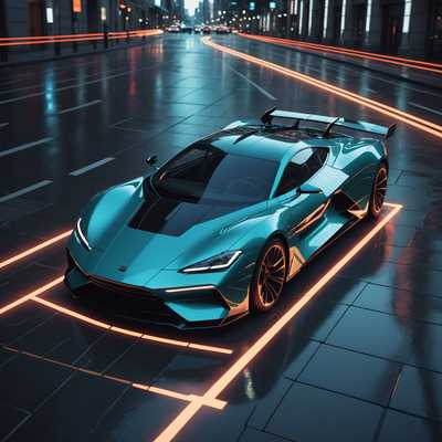 Futuristischer Teal-Sportwagen im Neon-Cyberpunk-Stadtbild