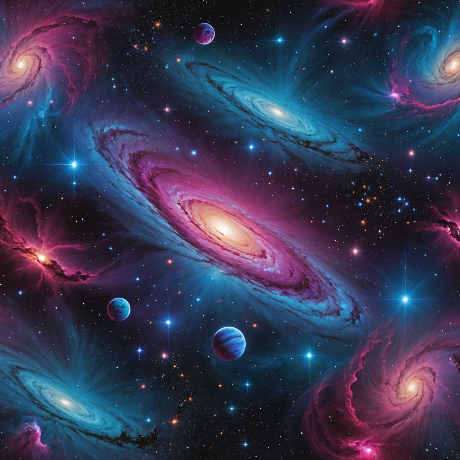 Ein lebendiges, wirbelndes Galaxiebild voller lebendiger Farben wie elektrisches Blau, Neonpink und tiefes Lila, durchsetzt mit Sternen und kosmischem Staub. Der Hintergrund zeigt ein weites Universum mit sanft leuchtenden Nebeln und Planeten. Komplexe geometrische Muster und Fraktale sind nahtlos in die Szenerie integriert und verleihen ein surreales, jenseitiges Gefühl. Ätherische Lichtstrahlen und schimmernde Reflexionen tragen zur psychedelischen Atmosphäre bei und schaffen ein insgesamt fesselndes und bezauberndes visuelles Erlebnis.