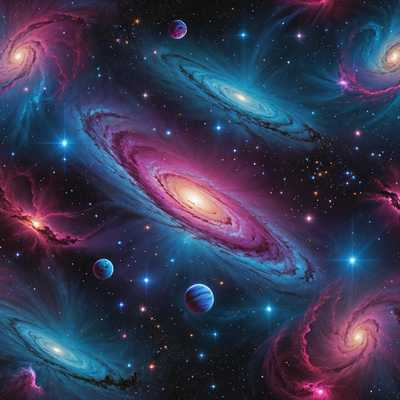 Ein lebendiges, wirbelndes Galaxiebild voller lebendiger Farben wie elektrisches Blau, Neonpink und tiefes Lila, durchsetzt mit Sternen und kosmischem Staub. Der Hintergrund zeigt ein weites Universum mit sanft leuchtenden Nebeln und Planeten. Komplexe geometrische Muster und Fraktale sind nahtlos in die Szenerie integriert und verleihen ein surreales, jenseitiges Gefühl. Ätherische Lichtstrahlen und schimmernde Reflexionen tragen zur psychedelischen Atmosphäre bei und schaffen ein insgesamt fesselndes und bezauberndes visuelles Erlebnis.