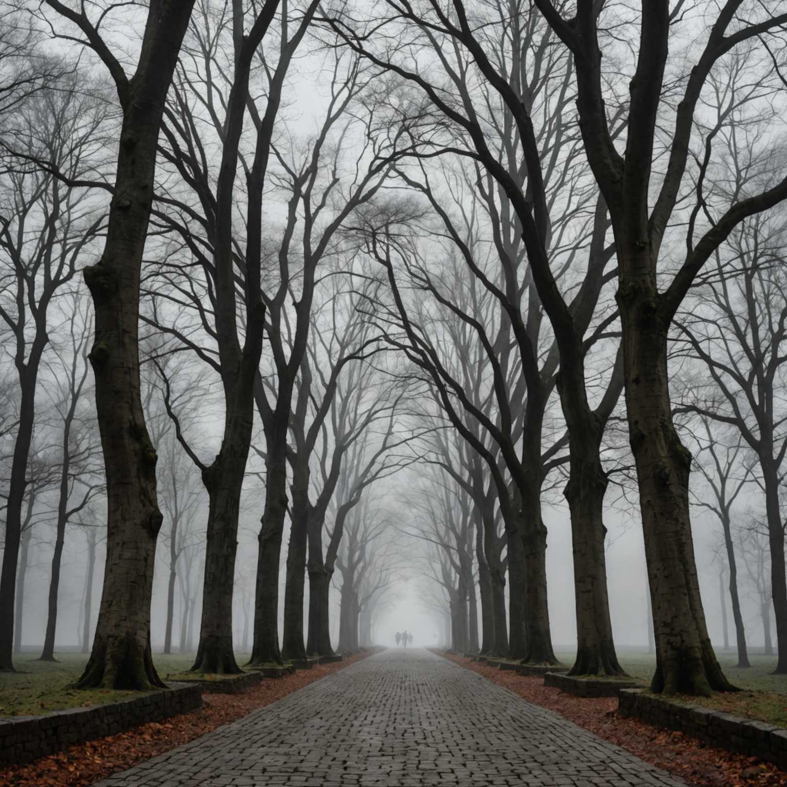 Eine Schwarz-Weiß-Fotografie mit einer ruhigen Landschaft, in der hohe, kahle Bäume beide Seiten eines schmalen, gewundenen Pflasterwegs säumen. Der Himmel ist mit dicken, düsteren Wolken bedeckt, was zur dramatischen Stimmung der Szene beiträgt. Die Komposition hebt den starken Kontrast zwischen den dunklen Baumstämmen und dem hellen, strukturierten Weg hervor. Im Hintergrund mildert ein nebliger Schleier den Horizont und schafft ein Gefühl von Tiefe und Geheimnis. Die Gesamtatmosphäre ist ruhig, aber melancholisch und fängt die stille Schönheit der Natur in einer entsättigten Palette ein.