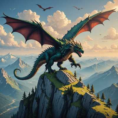 Majestätische, verpixelte Kreaturen, möglicherweise Drachen oder mythische Bestien, die in der Ferne zu sehen sind, entweder am Himmel schwebend oder auf Berggipfeln sitzend.