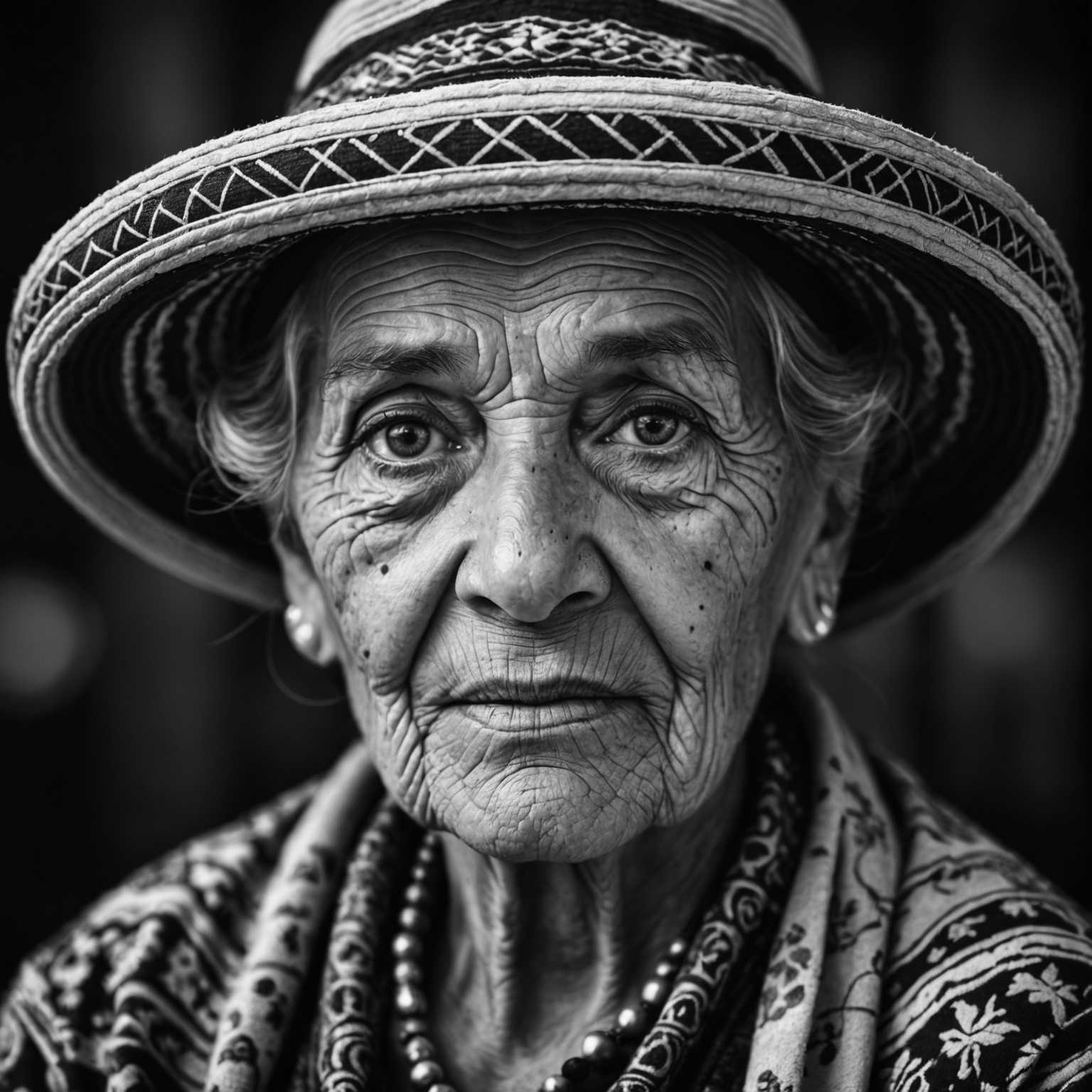 Ein beeindruckendes Schwarz-Weiß-Porträt einer älteren Frau mit tiefen Falten, die einen traditionellen Hut mit komplizierten Mustern trägt. Ihre Augen sind seelenvoll und ausdrucksstark und spiegeln jahrzehntelange Erfahrung wider. Der Hintergrund ist verschwommen, sodass sich die gesamte Aufmerksamkeit auf ihr Gesicht richtet. Die Beleuchtung ist dramatisch und wirft Schatten, die ihre Gesichtszüge und die Textur ihrer Haut betonen. Die Gesamtstimmung ist eindrucksvoll und würdevoll.