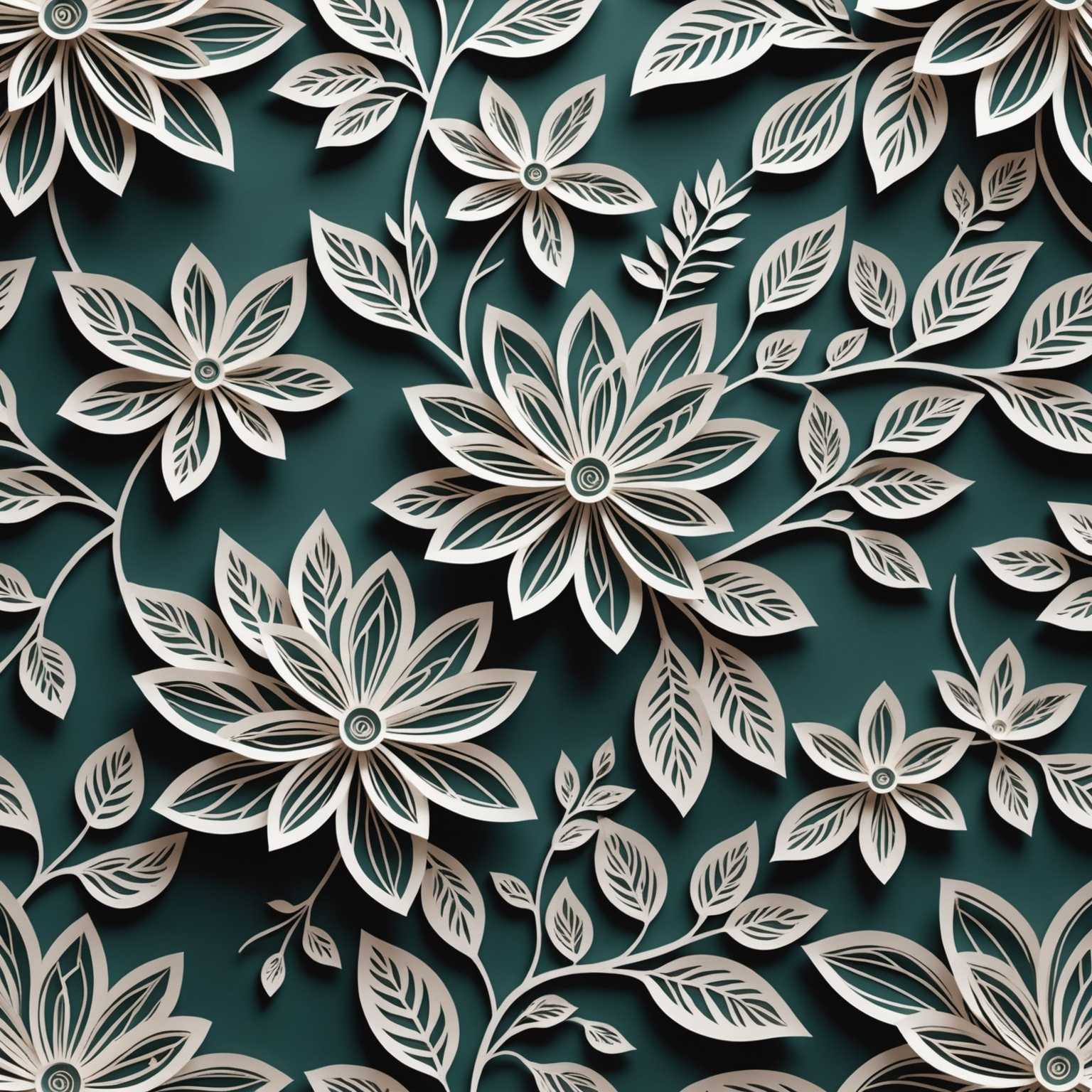 Das Bild zeigt ein nahtloses, 3D florales Scherenschnittmuster. Das Design besteht aus kunstvoll geschnittenen, sich überlappenden Blumenelementen und Laub, die einen texturierten, geschichteten Effekt erzeugen. Jedes Element scheint sorgfältig aus Papier gefertigt zu sein, wirft subtile Schatten und vermittelt ein Gefühl von Tiefe und Dimension. Der Gesamteindruck ist elegant und anspruchsvoll, was es für die Verwendung als Tapete oder dekorative Muster geeignet macht.