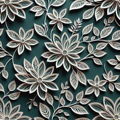 Das Bild zeigt ein nahtloses, 3D florales Scherenschnittmuster. Das Design besteht aus kunstvoll geschnittenen, sich überlappenden Blumenelementen und Laub, die einen texturierten, geschichteten Effekt erzeugen. Jedes Element scheint sorgfältig aus Papier gefertigt zu sein, wirft subtile Schatten und vermittelt ein Gefühl von Tiefe und Dimension. Der Gesamteindruck ist elegant und anspruchsvoll, was es für die Verwendung als Tapete oder dekorative Muster geeignet macht.