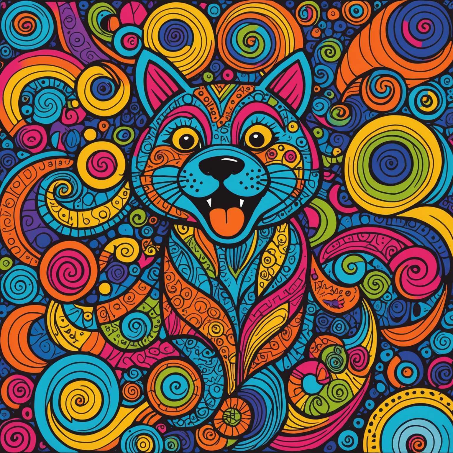 Das Bild zeigt eine farbenfrohe und skurrile Kritzelei, die mit Sharpie-Markern gezeichnet wurde. Die Komposition zeigt ein eigenartiges Tier mit übertriebenen Gesichtsausdrücken und cartoonartigen Merkmalen. Kräftige, leuchtende Farben dominieren die Illustration und verleihen ihr eine lebendige und dynamische Atmosphäre. Der Hintergrund enthält wirbelnde Linien, Zickzackmuster und Punkte, die ein Gefühl von Bewegung und Spontaneität erzeugen.