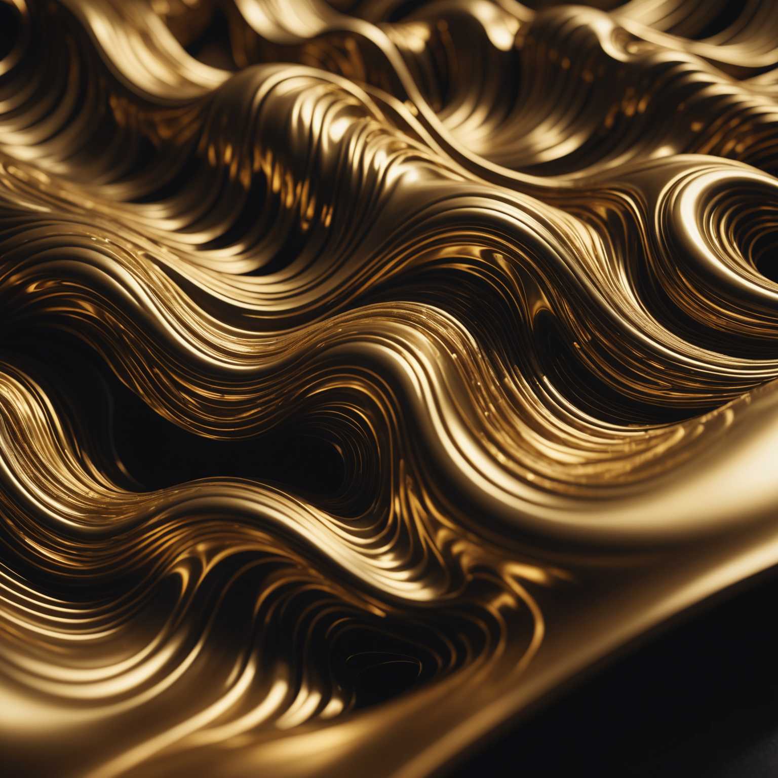 Ein faszinierendes 3D-Abstraktkunstwerk mit fließenden, wellenförmigen Formen aus einem glänzenden goldenen Material. Die sich schlängelnden Formen verweben sich nahtlos und erzeugen ein Gefühl von Bewegung und Tiefe. Die schimmernde goldene Oberfläche reflektiert das Licht auf eine Weise, die die intricaten Details und die reiche Textur des Stücks hervorhebt. Der Hintergrund ist dunkel und bildet einen auffälligen Kontrast, der die glühenden, goldenen Wellen betont. Der Gesamteffekt ist ein luxuriöses und dynamisches visuelles Erlebnis.