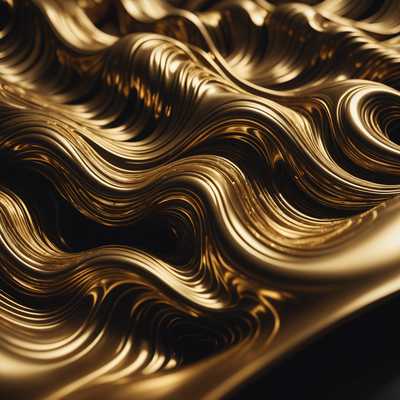 Ein faszinierendes 3D-Abstraktkunstwerk mit fließenden, wellenförmigen Formen aus einem glänzenden goldenen Material. Die sich schlängelnden Formen verweben sich nahtlos und erzeugen ein Gefühl von Bewegung und Tiefe. Die schimmernde goldene Oberfläche reflektiert das Licht auf eine Weise, die die intricaten Details und die reiche Textur des Stücks hervorhebt. Der Hintergrund ist dunkel und bildet einen auffälligen Kontrast, der die glühenden, goldenen Wellen betont. Der Gesamteffekt ist ein luxuriöses und dynamisches visuelles Erlebnis.