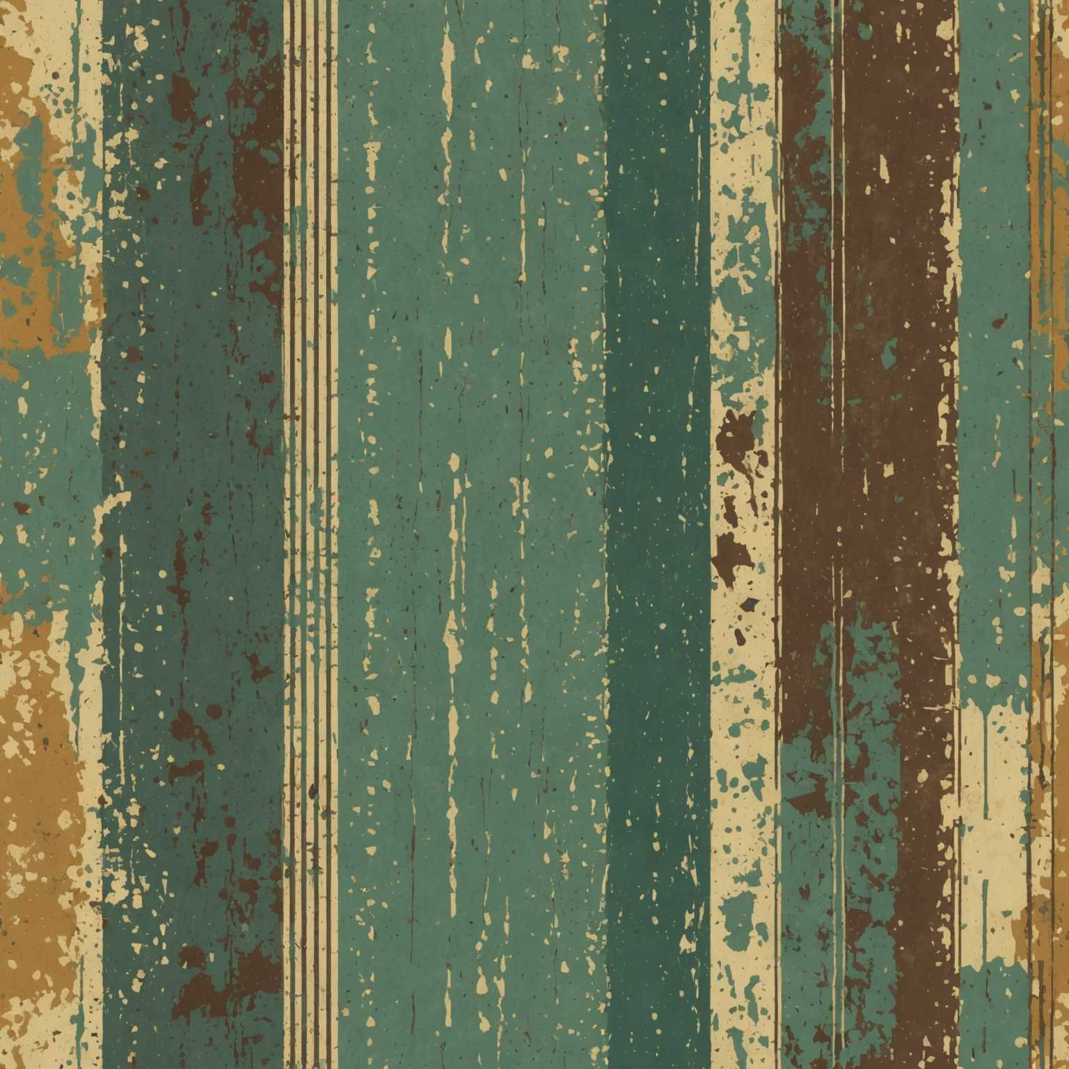 Das Bild zeigt ein nahtloses Grunge-Muster mit einem Retro-Ästhetik. Der Hintergrund hat eine strukturierte, abgenutzte Optik mit abgenutzten Elementen und verblassten Farben. Das Muster umfasst verschiedene überlappende Formen wie abstrakte Blumen, geometrische Formen und Vintage-Motive. Die Farbpalette besteht aus gedämpften, erdigen Tönen wie Brauntönen, Ockertönen und verblassten Grüntönen, was ihm eine nostalgische Stimmung verleiht. Das Design ist kompliziert, mit geschichteten Elementen und einem Gefühl von Tiefe, das an alte, verwitterte Tapeten erinnert.