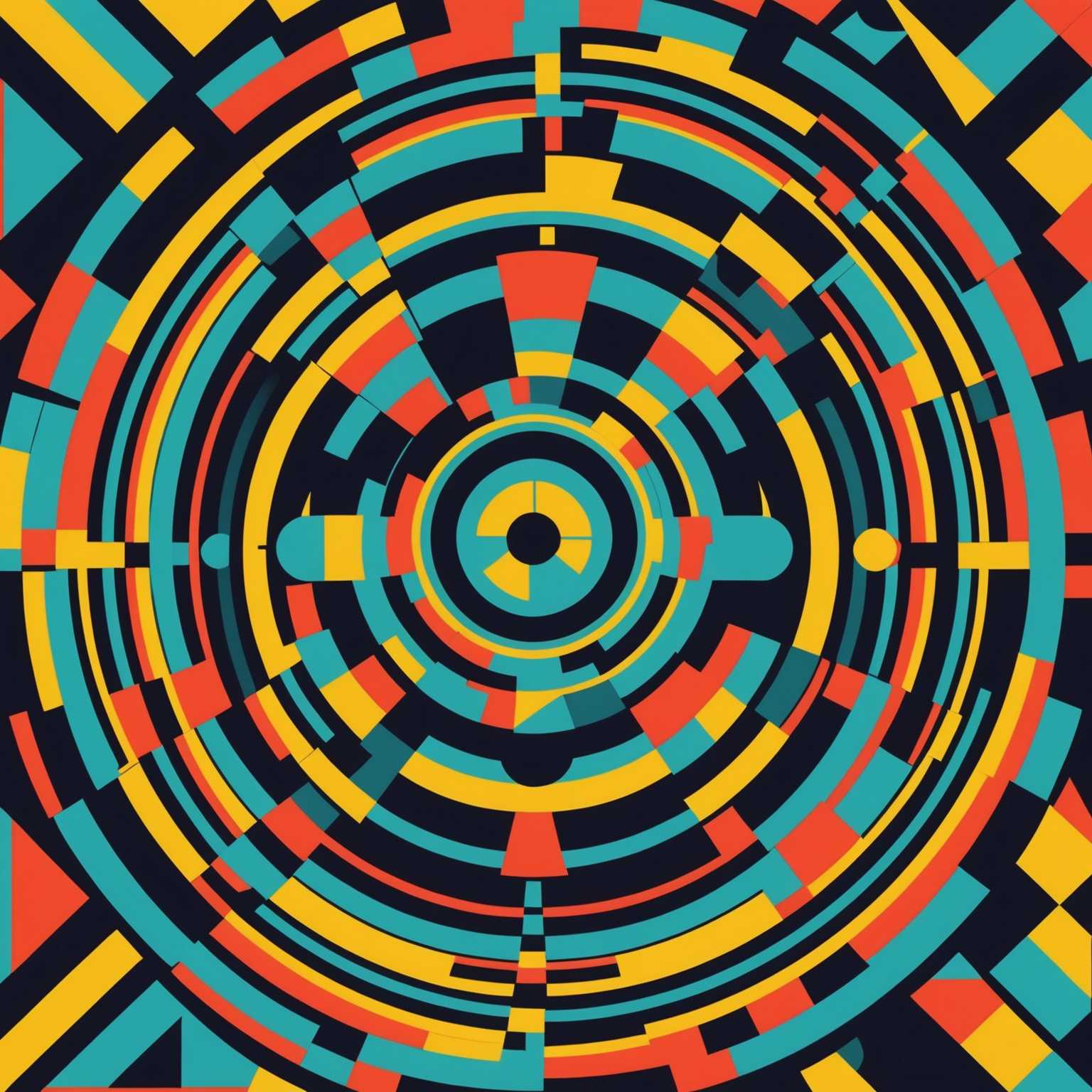 Das Bild zeigt ein fesselndes Muster aus geometrischen Formen und optischen Täuschungen und verbindet leuchtende Farben und komplizierte Linien, die eine dynamische, beinahe hypnotische Wirkung erzeugen. Es hat eine surreale, halluzinatorische Qualität, die sich in einer Symphonie aus scharfen Winkeln, kreisförmigen Motiven und wirbelnden Designs abspielt, die zu pulsieren und sich zu bewegen scheinen. Die Gesamtwirkung ist ein komplexes, fesselndes Stück, das an Op-Art erinnert und ein Gefühl von Tiefe und Bewegung hervorruft, das die Wahrnehmung des Raums herausfordert.