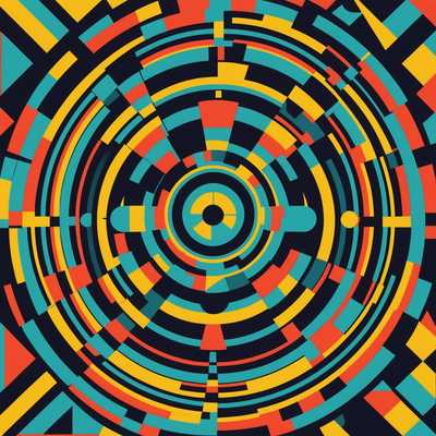 Das Bild zeigt ein fesselndes Muster aus geometrischen Formen und optischen Täuschungen und verbindet leuchtende Farben und komplizierte Linien, die eine dynamische, beinahe hypnotische Wirkung erzeugen. Es hat eine surreale, halluzinatorische Qualität, die sich in einer Symphonie aus scharfen Winkeln, kreisförmigen Motiven und wirbelnden Designs abspielt, die zu pulsieren und sich zu bewegen scheinen. Die Gesamtwirkung ist ein komplexes, fesselndes Stück, das an Op-Art erinnert und ein Gefühl von Tiefe und Bewegung hervorruft, das die Wahrnehmung des Raums herausfordert.