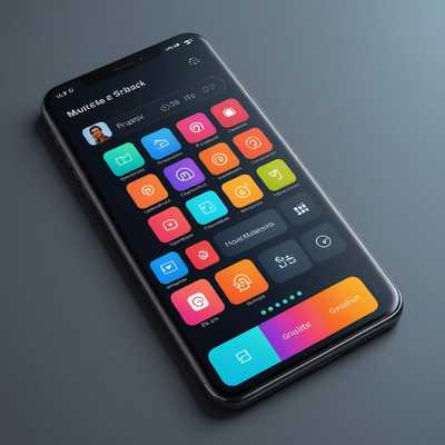 Das Bild zeigt ein elegantes 3D-Mockup einer mobilen Benutzeroberfläche, die auf einem Smartphone angezeigt wird. Das Smartphone wird in einem modernen, realistischen Stil dargestellt, und hebt ein lebendiges, farbenfrohes UI-Design mit fließenden Animationen und interaktiven Elementen hervor. Der Bildschirm präsentiert ein sauberes, minimalistisches Startinterface mit gleichmäßig verteilten Symbolen und einer modernen Navigationsleiste am unteren Rand. Der Hintergrund weist subtile Verläufe und Schatten auf, die dem 3D-Mockup Tiefe verleihen und das polierte Erscheinungsbild der mobilen Benutzeroberfläche betonen.