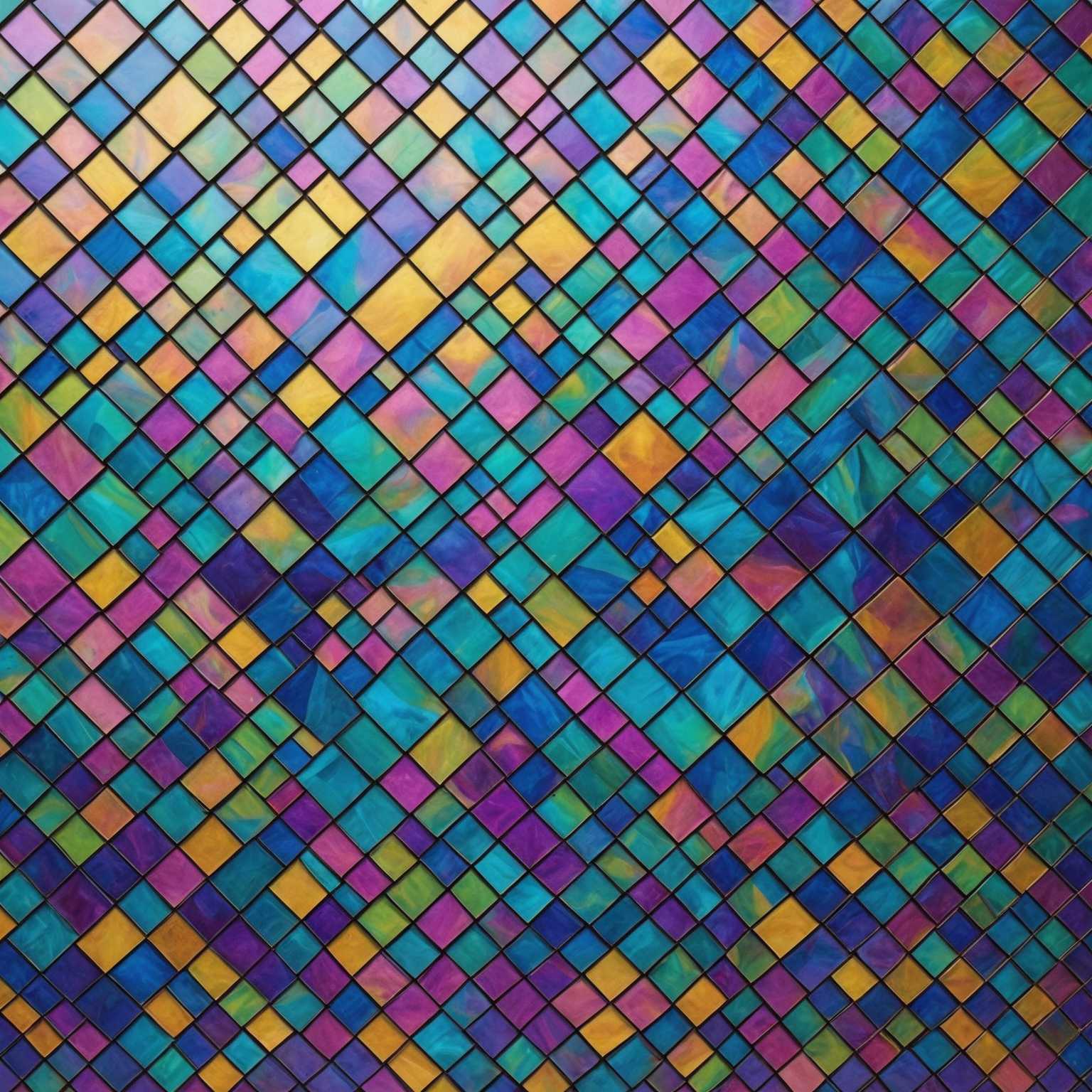 Das Bild zeigt eine faszinierende irideszierende Mosaikkunst. Es besteht aus einer lebendigen und farbenfrohen Anordnung von kleinen, kunstvoll angeordneten Fliesen mit einem schimmernden, reflektierenden Glanz. Das Mosaik zeigt ein dynamisches Zusammenspiel von Farbtönen wie Blau, Lila, Pink, Grün und Gelb, wodurch ein atemberaubender, fast holografischer Effekt entsteht. Die Fliesen sind in komplexen geometrischen Mustern angeordnet, wobei jede Fliese das Licht unterschiedlich reflektiert, was zur gesamten leuchtenden Qualität beiträgt. Die Komplexität und Brillanz des Designs erzeugen ein Gefühl von Tiefe und Bewegung, als ob die Farben zusammenwirbeln und sich verschieben würden.