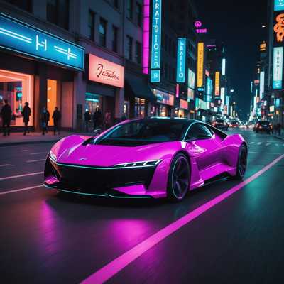 Ein elegantes, futuristisches Auto rast die Straße hinunter und hinterlässt eine Spur von Neonlicht.