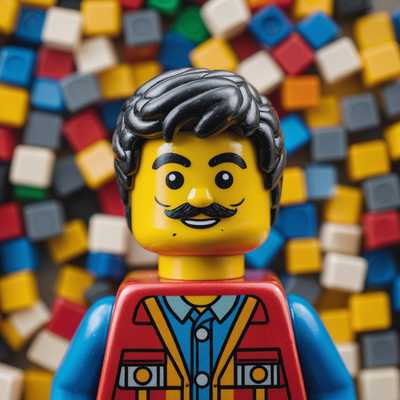 LEGO Figur: Nahaufnahme mit Lächeln und Bunt Ziegel Hintergrund