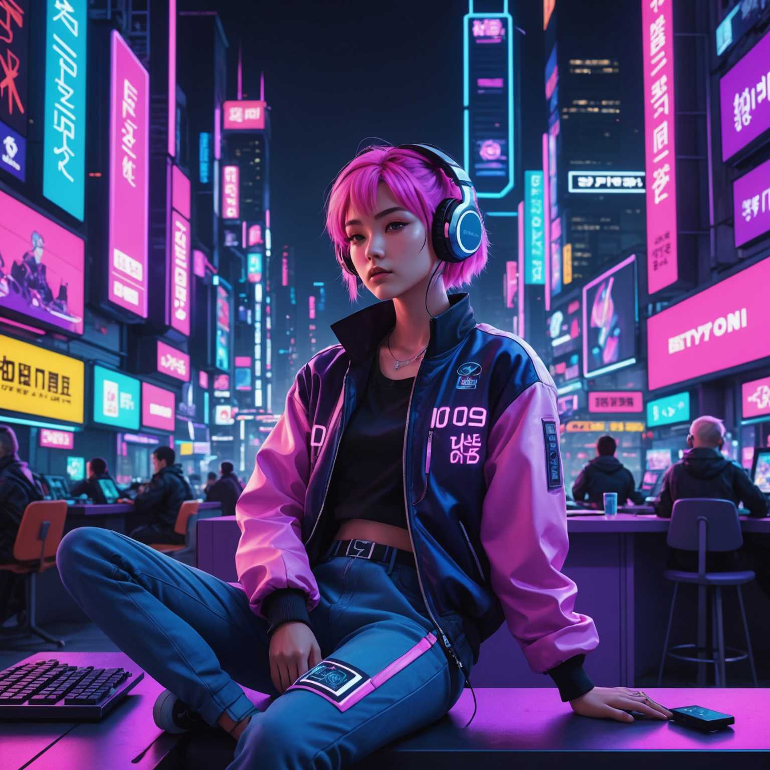 Eine lebendige lofi Synthwave-Szene mit einer Anime-Figur mit markanten, neonfarbenen Haaren, die in einer futuristischen Stadtlandschaft liegt. Im Hintergrund sind dunkle Stadtgebäude mit leuchtenden Neonzeichen und Werbetafeln zu sehen. Die Figur ist entspannt, trägt lässige retro-futuristische Kleidung und Kopfhörer und ist von verschiedenen technologischen Geräten umgeben. Die Gesamtatmosphäre ist eine Mischung aus ruhiger Nachtstimmung mit einem elektrischen, nostalgischen Vibe, hervorgehoben durch Rosa-, Blau- und Lilatöne.