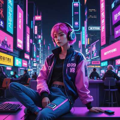 Eine lebendige lofi Synthwave-Szene mit einer Anime-Figur mit markanten, neonfarbenen Haaren, die in einer futuristischen Stadtlandschaft liegt. Im Hintergrund sind dunkle Stadtgebäude mit leuchtenden Neonzeichen und Werbetafeln zu sehen. Die Figur ist entspannt, trägt lässige retro-futuristische Kleidung und Kopfhörer und ist von verschiedenen technologischen Geräten umgeben. Die Gesamtatmosphäre ist eine Mischung aus ruhiger Nachtstimmung mit einem elektrischen, nostalgischen Vibe, hervorgehoben durch Rosa-, Blau- und Lilatöne.