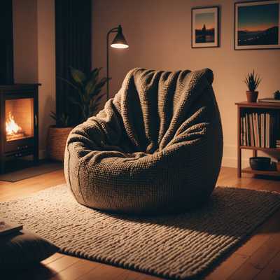 Gemütliches Wohnzimmer mit großem Sitzsack und Kamin