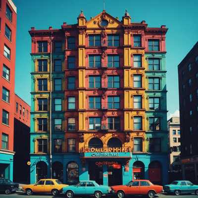 Ein lebendiges Retro-Foto im Stil der Lomografie. Es zeigt ein Kaleidoskop von Farben in einer körnigen, hochkontrastierten Komposition. Die Szene fängt ein altes Gebäude in einer städtischen Landschaft mit Vintage-Flair ein, getaucht in gesättigte Farben. Die Ränder des Bildes weisen eine deutliche Vignettierung auf, was den Retro-Charme verstärkt. Der Gesamteindruck ist verspielt und künstlerisch.