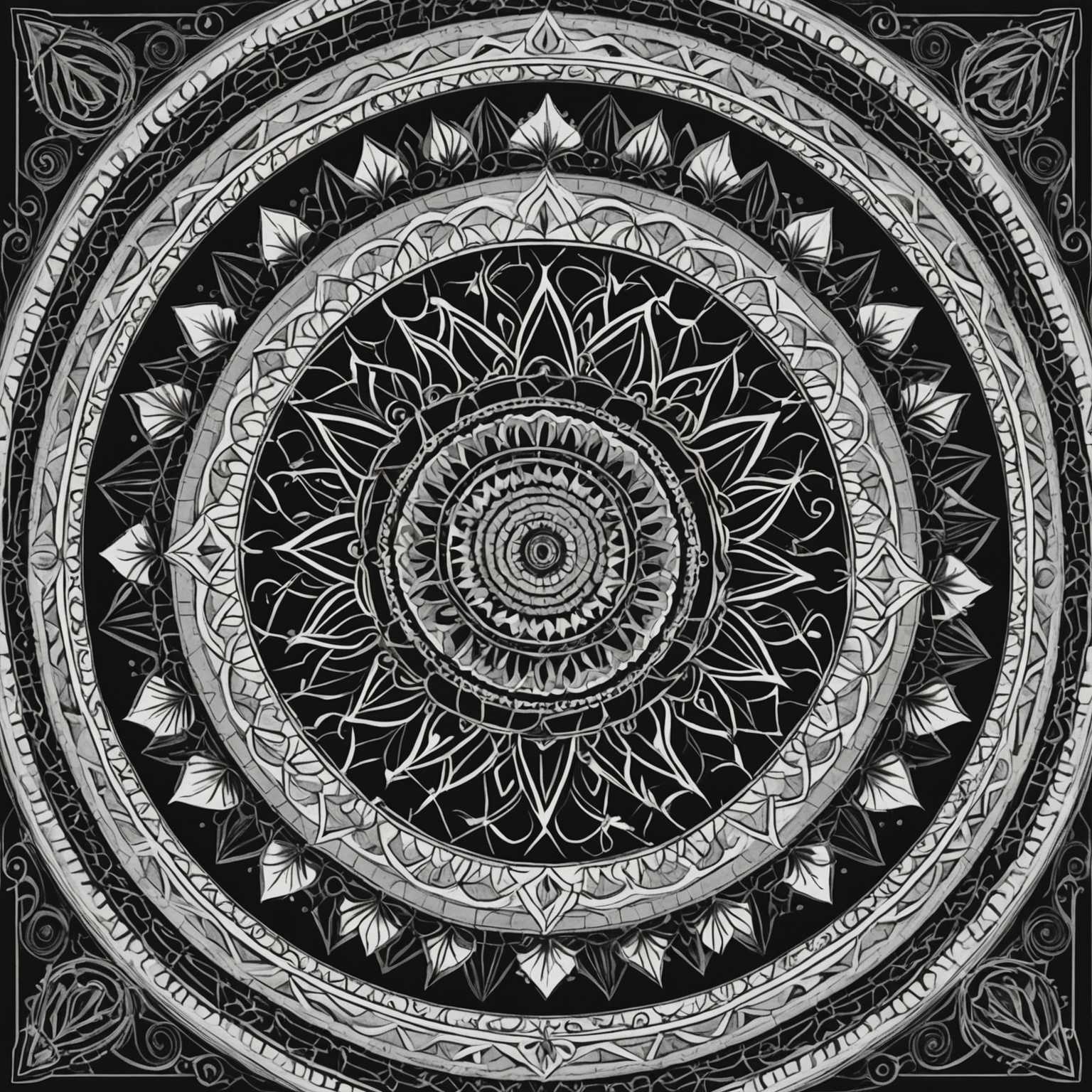 Das Bild zeigt ein hoch komplexes und symmetrisches Mandala-Design. Der zentrale Fokus ist ein kreisförmiges, radiales Muster mit Schichten aus geometrischen Formen, Blumenmotiven und abstrakten Elementen, die nach außen strahlen. Das Design umfasst sich wiederholende Muster aus Dreiecken, Kreisen und anderen polygonalen Formen, die mit schwirrenden Linien und detaillierten Verzierungen verwoben sind. Die gesamte Darstellung ist in Schwarz-Weiß gehalten, wobei unterschiedliche Linienstärken Tiefe und Dimension hinzufügen.