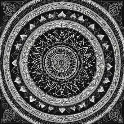 Das Bild zeigt ein hoch komplexes und symmetrisches Mandala-Design. Der zentrale Fokus ist ein kreisförmiges, radiales Muster mit Schichten aus geometrischen Formen, Blumenmotiven und abstrakten Elementen, die nach außen strahlen. Das Design umfasst sich wiederholende Muster aus Dreiecken, Kreisen und anderen polygonalen Formen, die mit schwirrenden Linien und detaillierten Verzierungen verwoben sind. Die gesamte Darstellung ist in Schwarz-Weiß gehalten, wobei unterschiedliche Linienstärken Tiefe und Dimension hinzufügen.