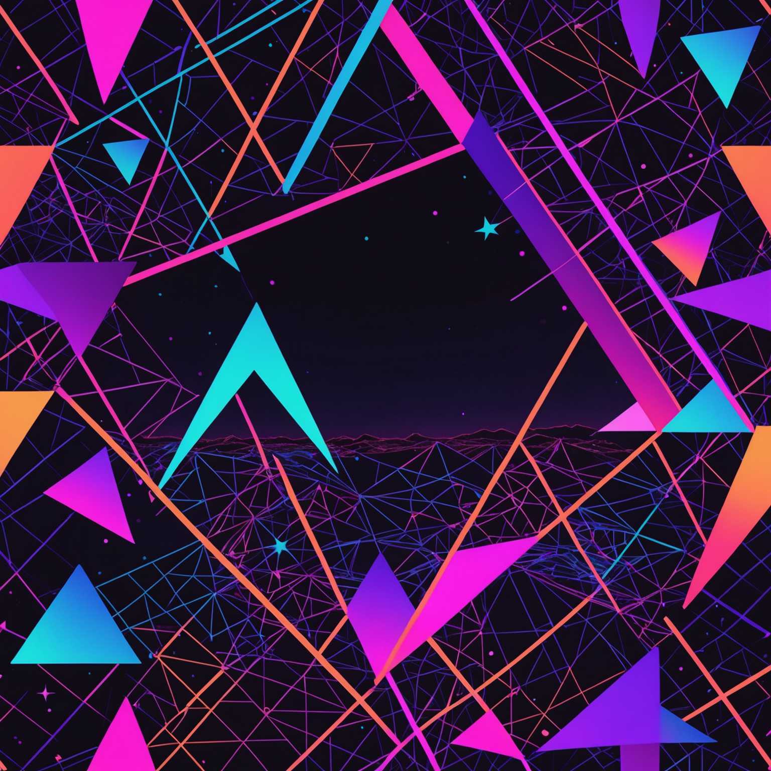 Das Bild zeigt eine lebendige und chaotische Mischung aus Neonfarben, darunter Pink-, Lila-, Blau- und Orangetöne. Der Hintergrund ist ein Gittermuster mit einem dunklen, sternenklaren Himmel darüber, was an die Retrofuturistik der 1980er Jahre erinnert. Es gibt abstrakte geometrische Formen wie Dreiecke und Kreise, die überall verstreut sind, durchwoben mit Glitch-Effekten und digitalem Rauschen. Das Design wird durch Neonlichter und leuchtende Linien akzentuiert, die einen pulsierenden Effekt erzeugen. Im Vordergrund befindet sich eine silhouettierte Figur oder ein Objekt, das verzerrt erscheint und den insgesamt unordentlichen Glitch-Look verstärkt.