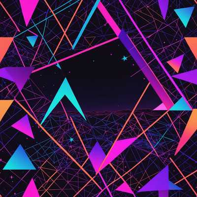 Das Bild zeigt eine lebendige und chaotische Mischung aus Neonfarben, darunter Pink-, Lila-, Blau- und Orangetöne. Der Hintergrund ist ein Gittermuster mit einem dunklen, sternenklaren Himmel darüber, was an die Retrofuturistik der 1980er Jahre erinnert. Es gibt abstrakte geometrische Formen wie Dreiecke und Kreise, die überall verstreut sind, durchwoben mit Glitch-Effekten und digitalem Rauschen. Das Design wird durch Neonlichter und leuchtende Linien akzentuiert, die einen pulsierenden Effekt erzeugen. Im Vordergrund befindet sich eine silhouettierte Figur oder ein Objekt, das verzerrt erscheint und den insgesamt unordentlichen Glitch-Look verstärkt.