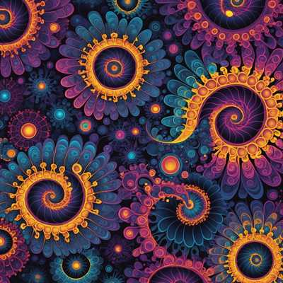 Ein lebendiges, kaleidoskopisches Bild mit einer Vielzahl bunter, wirbelnder Muster, die mikroskopischen Zellen ähneln. Die komplizierten Details umfassen sich überlappende kreisförmige Formen mit fraktalartigen Mustern, wobei jede Zelle eine einzigartige Kombination aus leuchtenden Farben wie elektrisches Blau, Neonpink, strahlendes Gelb und tiefes Lila aufweist. Die Formen erscheinen miteinander verbunden, wobei einige Zellen einen leuchtenden Glanz haben, was dem gesamten Bild ein hypnotisches, fast außerirdisches Gefühl verleiht. Der Hintergrund ist ein Gradient aus wirbelnden Farbtönen, der den psychedelischen Effekt verstärkt und das gesamte Szenario wie einen faszinierenden tiefen Tauchgang in ein mikroskopisches, fantastisches Universum erscheinen lässt.