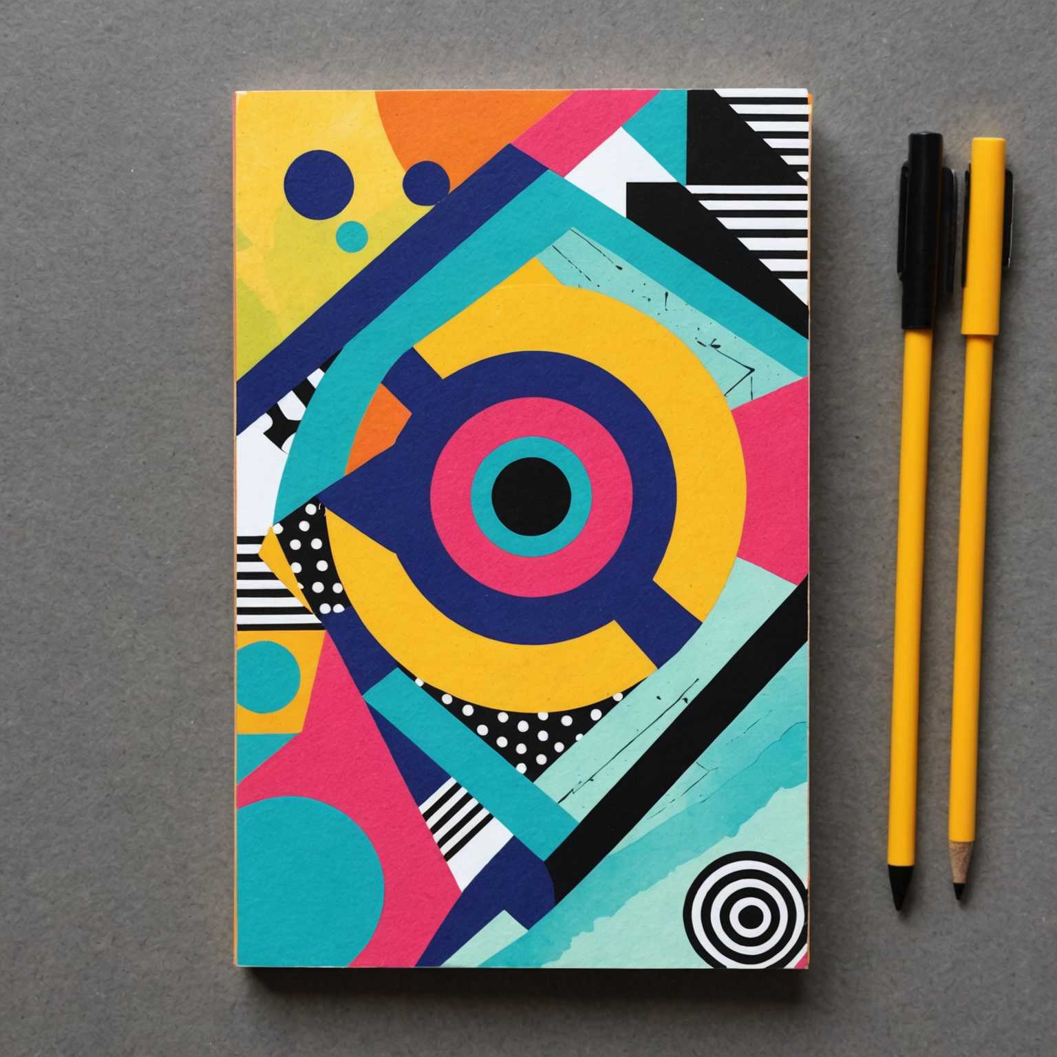 Das Bild zeigt eine einzelne gemischte Medien-Notizkarte mit einem einzigartigen, lebendigen Design. Die Karte zeigt abstrakte Kunst mit kräftigen, auffälligen Farben und geometrischen Formen. Der Hintergrund ist schlicht, um das detaillierte Kunstwerk der Notizkarte hervorzuheben.