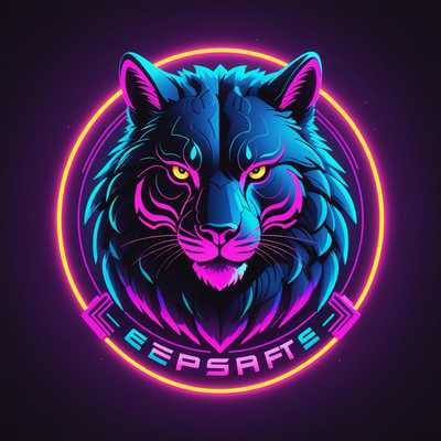Das Bild zeigt mehrere Neon-E-Sport-Logos, darunter stilisierte Designs von Tieren und Monstern. Alles ist in einer lebendigen Synthwave-Ästhetik mit leuchtenden Neonfarben und kräftigen Konturen gehalten.