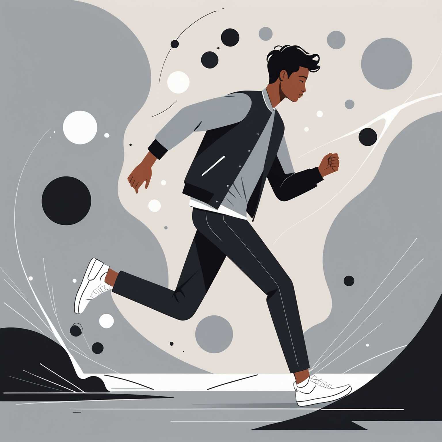 Eine minimalistische Illustration im flachen Stil, die eine Person bei einer Aktivität zeigt. Die Figur ist mit einfachen Formen und klaren Linien dargestellt, oft ohne Gesichtszüge. Sie trägt legere, moderne Kleidung und ist dynamisch posiert, was Bewegung und Interaktion suggeriert. Die Farbpalette ist gedämpft und monochromatisch, typischerweise mit Schwarz-, Weiß- und Grautönen sowie gelegentlichen Farbspritzern einer einzelnen Akzentfarbe. Die Gesamtkomposition ist ausgewogen und harmonisch und vermittelt ein Gefühl von Gemeinschaft und Zusammenarbeit.