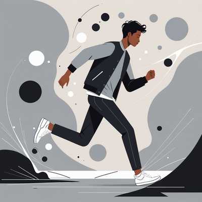 Eine minimalistische Illustration im flachen Stil, die eine Person bei einer Aktivität zeigt. Die Figur ist mit einfachen Formen und klaren Linien dargestellt, oft ohne Gesichtszüge. Sie trägt legere, moderne Kleidung und ist dynamisch posiert, was Bewegung und Interaktion suggeriert. Die Farbpalette ist gedämpft und monochromatisch, typischerweise mit Schwarz-, Weiß- und Grautönen sowie gelegentlichen Farbspritzern einer einzelnen Akzentfarbe. Die Gesamtkomposition ist ausgewogen und harmonisch und vermittelt ein Gefühl von Gemeinschaft und Zusammenarbeit.
