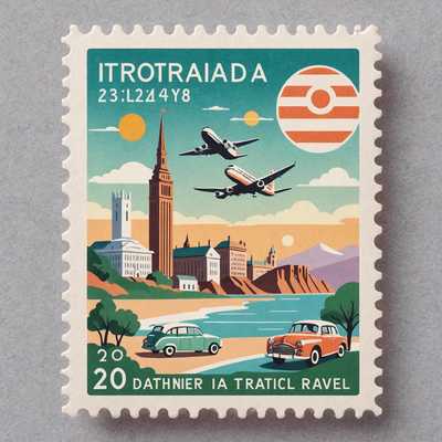 Eine Sammlung von reisethematisierten Briefmarken in Pastellfarben. Jede Briefmarke ist mit Szenen oder Symbolen rund um Urlaub und Reisen illustriert und zeigt weiche, gedämpfte Töne, die ein beruhigendes, nostalgisches Gefühl vermitteln. Die Briefmarken zeigen Bilder wie ikonische Wahrzeichen, Vintage-Reiseandenken und verspielte Illustrationen, die mit verschiedenen Reisezielen und Fortbewegungsmitteln zu tun haben.