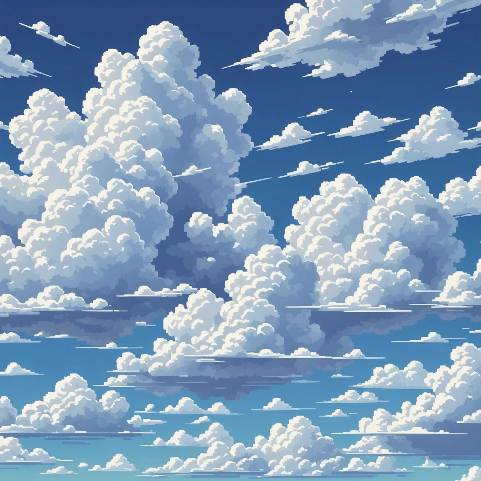 Weiße, fluffige Wolken, die am Himmel entlangtreiben, in Pixelkunststil.