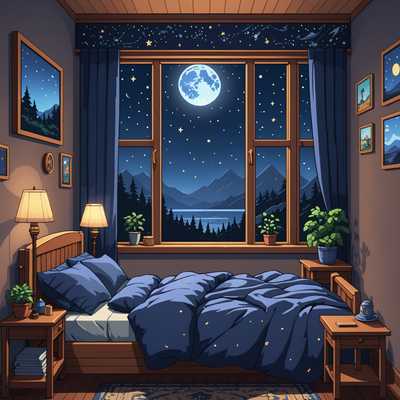 Ein gemütliches Schlafzimmer im lofi Stil, gerendert in Pixelkunst. Das Bild zeigt ein hölzernes Bett mit dunkelblauen Laken und ein kleines Tischchen daneben, auf dem eine Lampe steht. Über dem Bett hängt ein Poster mit einem Anime-Charakter. Neben dem Bett befindet sich ein Fenster mit leicht geöffneten blauen Vorhängen, das einen Nachthimmel mit Sternen zeigt. Das Zimmer strahlt eine beruhigende, entspannte Atmosphäre aus, die ideal zum Studieren oder Entspannen ist.
