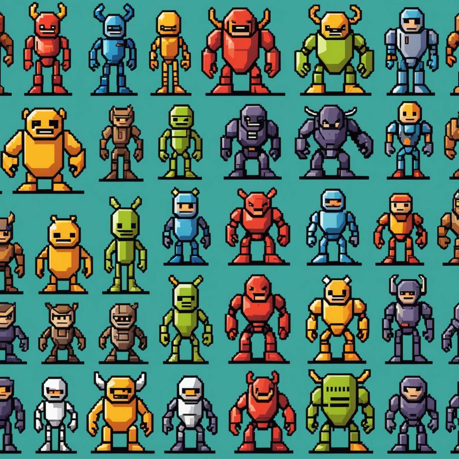 Dies ist eine Sammlung von Feindcharakteren, die in klassischen 2D-Videospiel-Pixel-Art-Rüstung gestaltet sind. Dazu gehören Monster, Roboter und Tiere in verschiedenen Posen für unterschiedliche Aktionen.