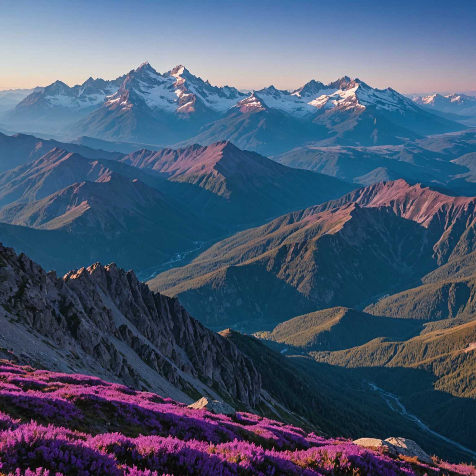 In der Ferne sind Berge zu sehen, deren Gipfel in Blau- und Lilatönen gefärbt sind und die in den Hintergrund zurücktreten.