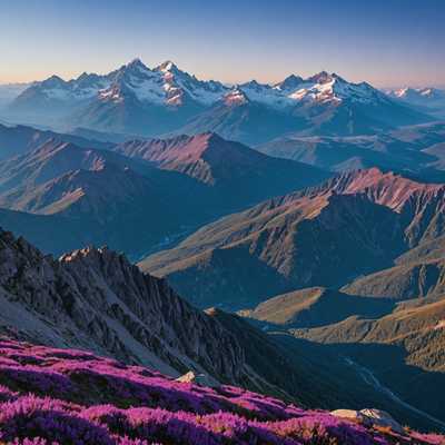 In der Ferne sind Berge zu sehen, deren Gipfel in Blau- und Lilatönen gefärbt sind und die in den Hintergrund zurücktreten.