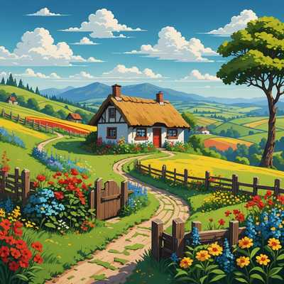 Eine lebendige Pixel-Art-Szene zeigt eine ruhige Landschaft auf dem Land. Der Himmel nimmt die obere Hälfte des Bildes ein und zeigt einen Farbverlauf von Dunkelblau oben bis zu einem helleren Blau nahe dem Horizont, durchsetzt mit ein paar weißen, bauschigen Wolken. Darunter befinden sich sanfte grüne Hügel, die mit bunten Wildblumen übersät sind und eine ruhige und malerische Kulisse schaffen. Ein kleiner, gewundener Feldweg schlängelt sich durch die Hügel und führt zu einem gemütlichen, rustikalen Cottage mit Strohdach, das inmitten des Grüns liegt. Das Cottage hat eine Holztür und ein paar kleine, quadratische Fenster mit darunter liegenden Blumenkästen, die mit leuchtend roten und gelben Blumen gefüllt sind. Neben dem Cottage befindet sich ein alter Holzzaun, der einen kleinen Gemüsegarten begrenzt, in dem ordentlich angeordnete Reihen verschiedener Pflanzen zu sehen sind. Die gesamte Szene ist in das weiche, warme Licht der untergehenden Sonne getaucht, wodurch lange Schatten geworfen werden und eine friedliche, idyllische Atmosphäre entsteht.