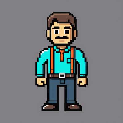 Ein Retro-Game-Zivilist im 8-Bit-Pixelstil. Einfacher Hintergrund.