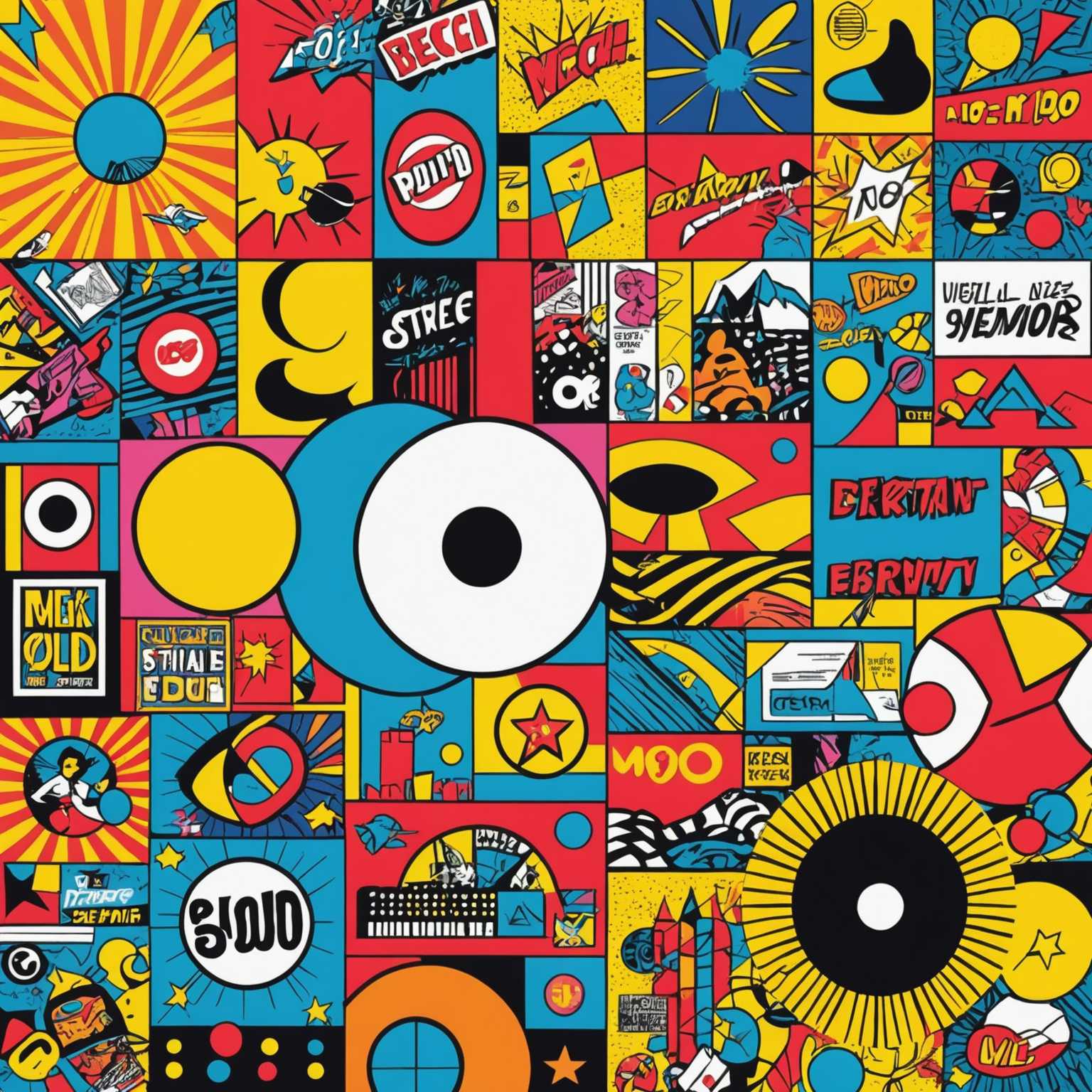 Eine lebendige Collage eines einzelnen Pop-Art-Posters mit leuchtenden, kräftigen Farben und grafischen Designs. Das Poster enthält stilisierte Illustrationen, Retro-Muster, Comic-Elemente und ikonische kulturelle Bilder. Der Hintergrund ist mit überlappenden Kunstwerken gefüllt, die Stile wie abstrakte Formen, Sprechblasen, Vintage-Werbung und cartoonartige Charaktere zeigen. Die gesamte Komposition ist energiegeladen und eklektisch, mit einer Mischung aus Texturen und visuellen Elementen, die ein visuell anregendes Werk schaffen.