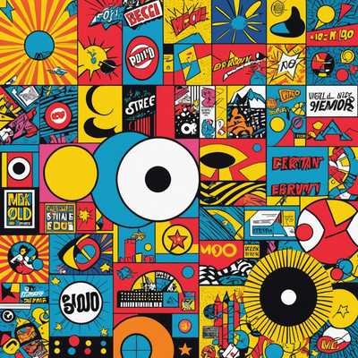 Eine lebendige Collage eines einzelnen Pop-Art-Posters mit leuchtenden, kräftigen Farben und grafischen Designs. Das Poster enthält stilisierte Illustrationen, Retro-Muster, Comic-Elemente und ikonische kulturelle Bilder. Der Hintergrund ist mit überlappenden Kunstwerken gefüllt, die Stile wie abstrakte Formen, Sprechblasen, Vintage-Werbung und cartoonartige Charaktere zeigen. Die gesamte Komposition ist energiegeladen und eklektisch, mit einer Mischung aus Texturen und visuellen Elementen, die ein visuell anregendes Werk schaffen.