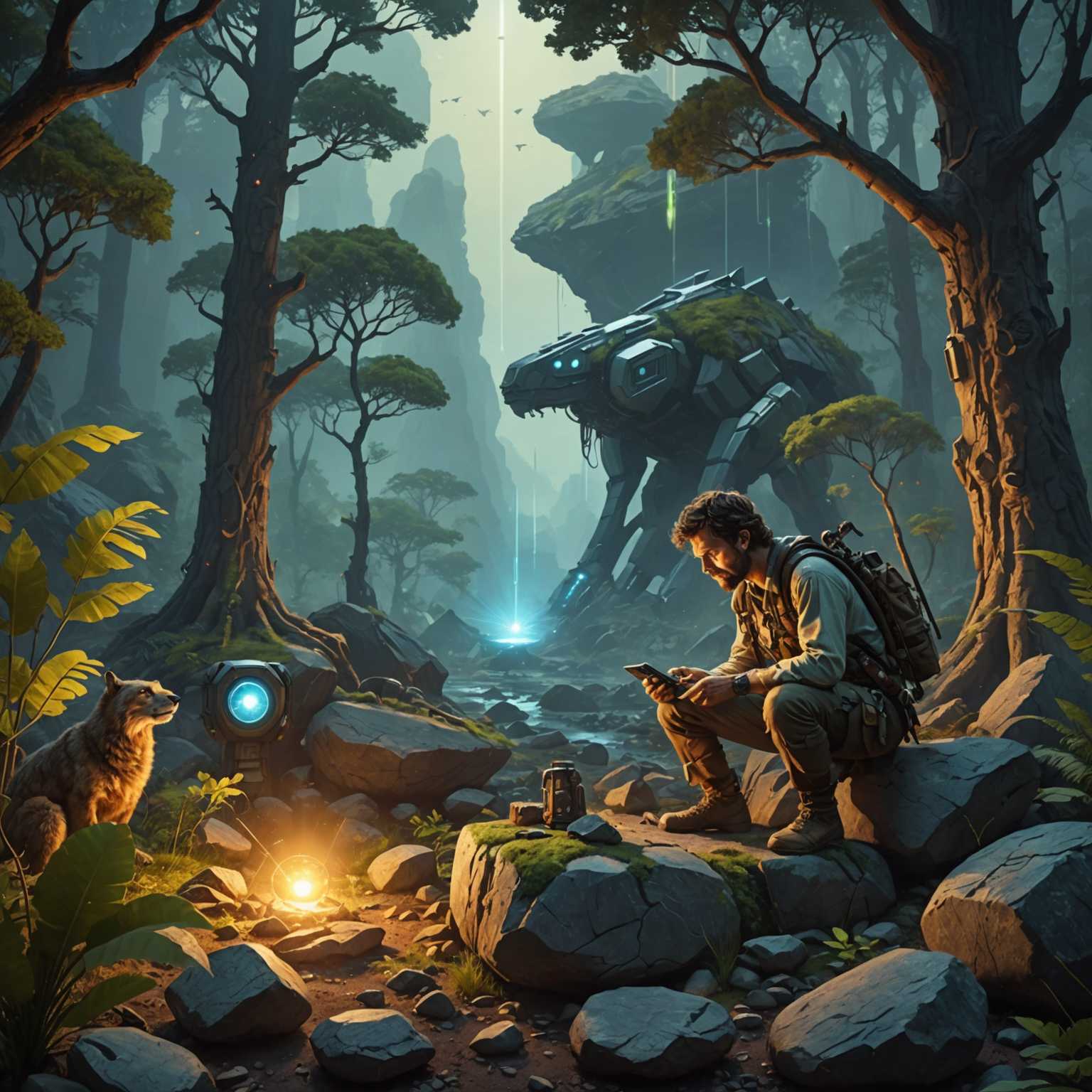 Ein prähistorischer Mensch nutzt High-Tech-Werkzeuge zum Jagen oder Sammeln in einer natürlichen Umgebung mit Elementen wie Bäumen, Felsen und Tieren, neben futuristischen Geräten, die ein glühendes Licht abgeben. Das Bild fängt eine anachronistische Mischung der Zeiten ein.