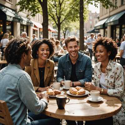 Freunde genießen Kaffee und Croissants im Sonnenschein